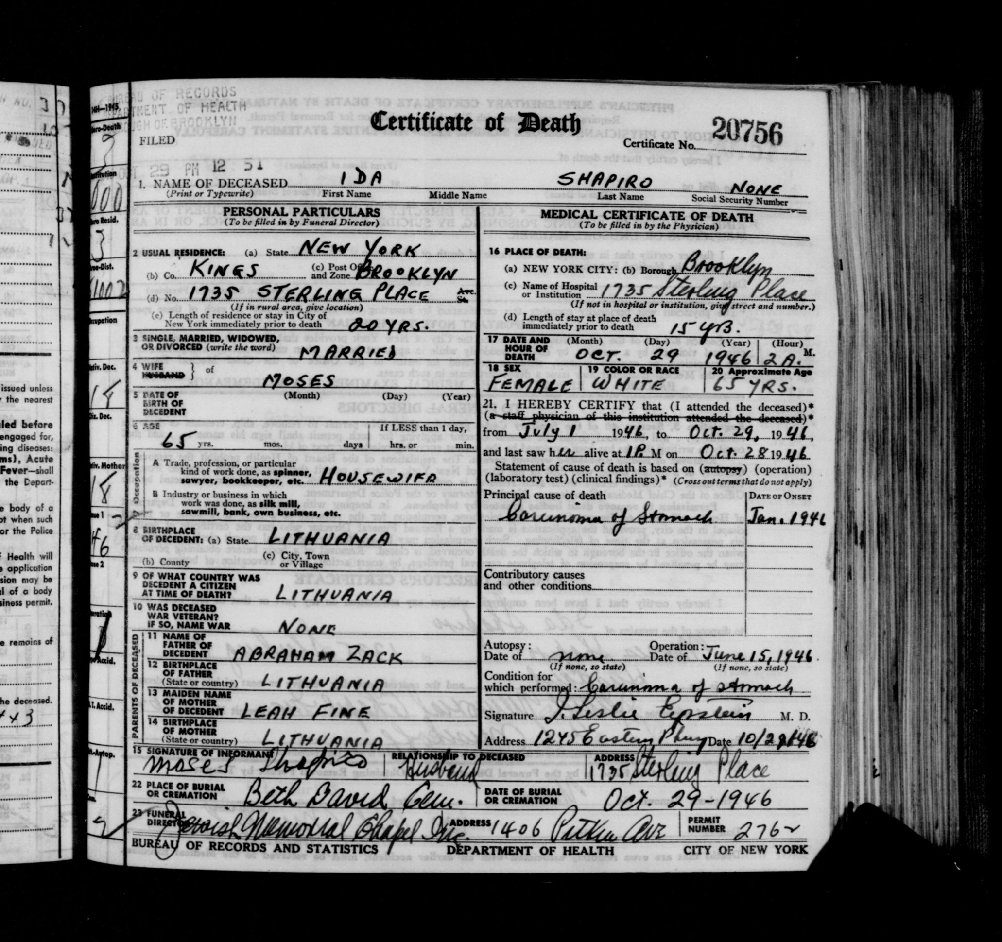 New York City death certificate entry for Ida Shapiro