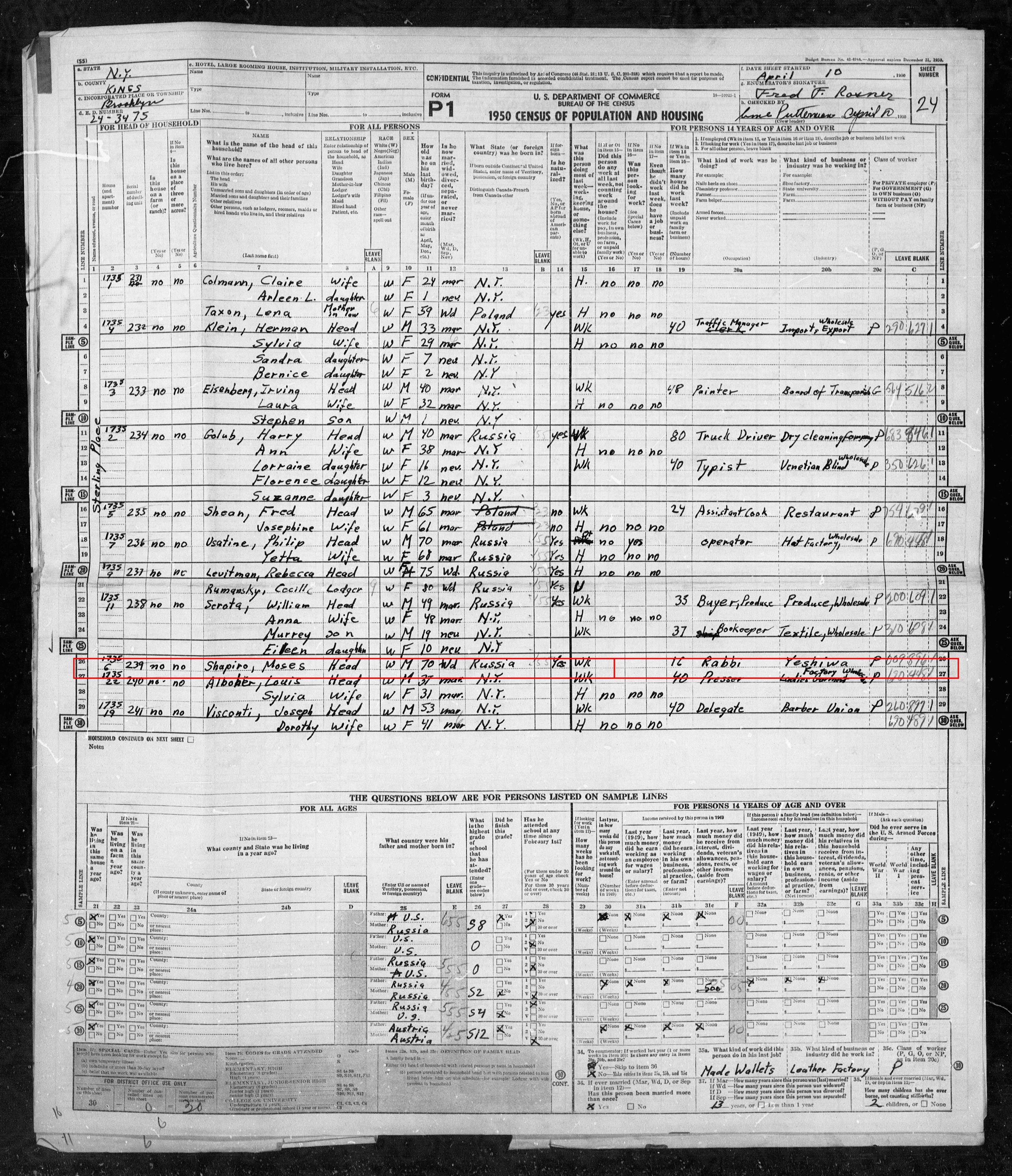 1950 U.S. Census, Brooklyn, ED 24-3475, sheet 24, with the row for Moses Shapiro marked