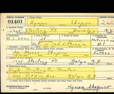 Original: hyman shapiro 1940 draft card marked